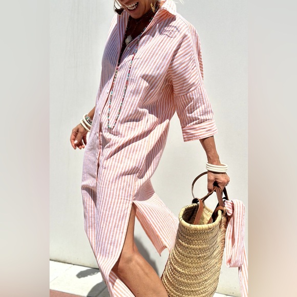 Minimalist Tied Button Up Three-Quarter Sleeve Dress - Picture 10 of 14